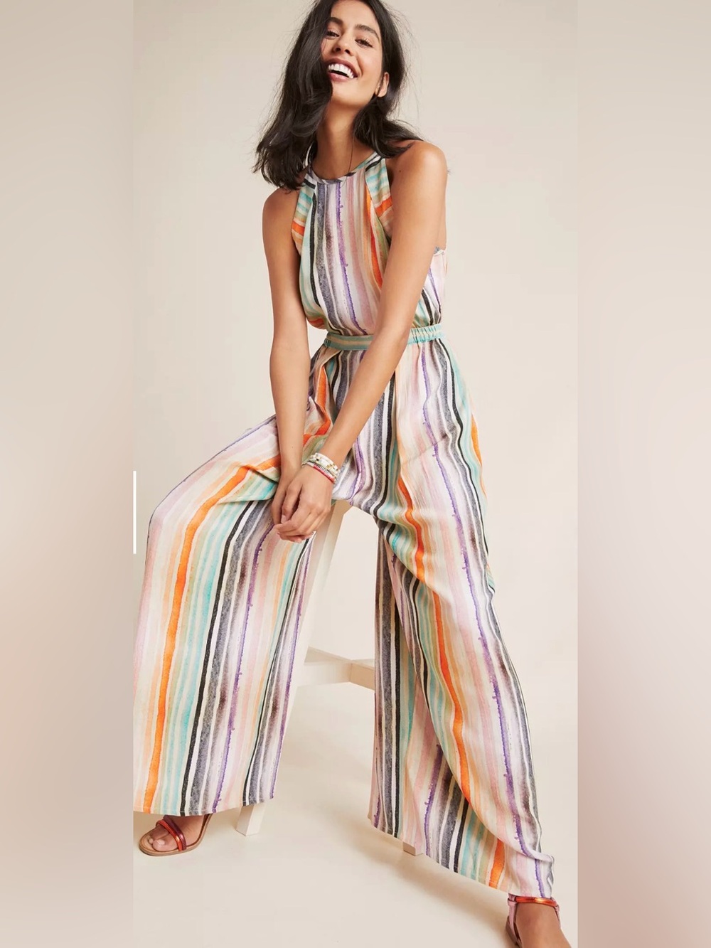 Bl-nk London Multicolor Watercolor Striped Wide Leg Jumpsuit Romper Flowy Sz M